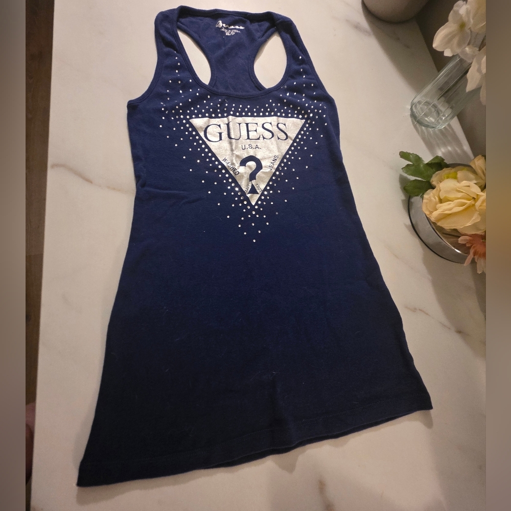 GUESS Navy Racerback Tank with Metallic Logo